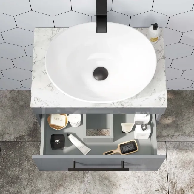 Avon Stone Grey Wall Hung Drawer Vanity with Marble Top & Oval Counter Top Basin 600mm - Black Accents