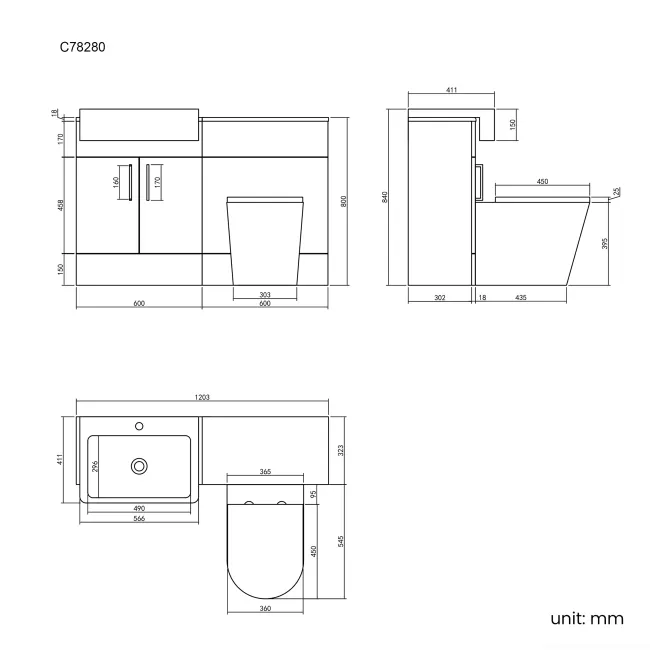Harper Stone Grey Combination Vanity Basin and Boston Toilet 1200mm - Black Accents