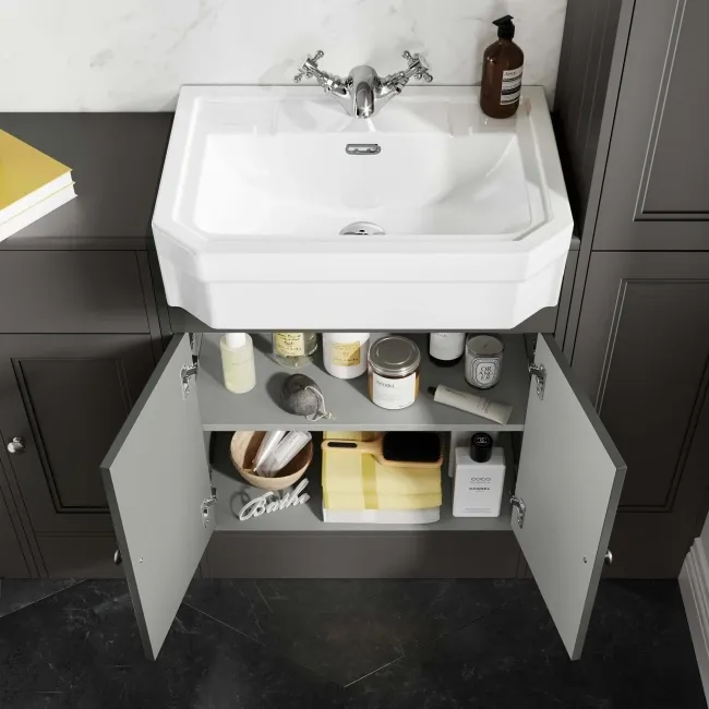 Monaco Graphite Grey Combination Vanity Traditional Basin and Hudson Toilet with Wooden Seat 1500mm