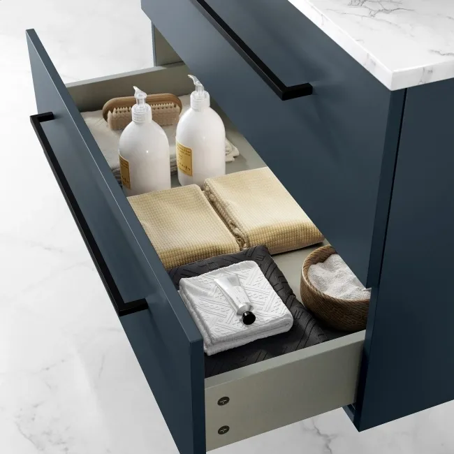 Elba Inky Blue Wall Hung Drawer Vanity with Marble Top & Oval Counter Top Basin 800mm - Black Accents