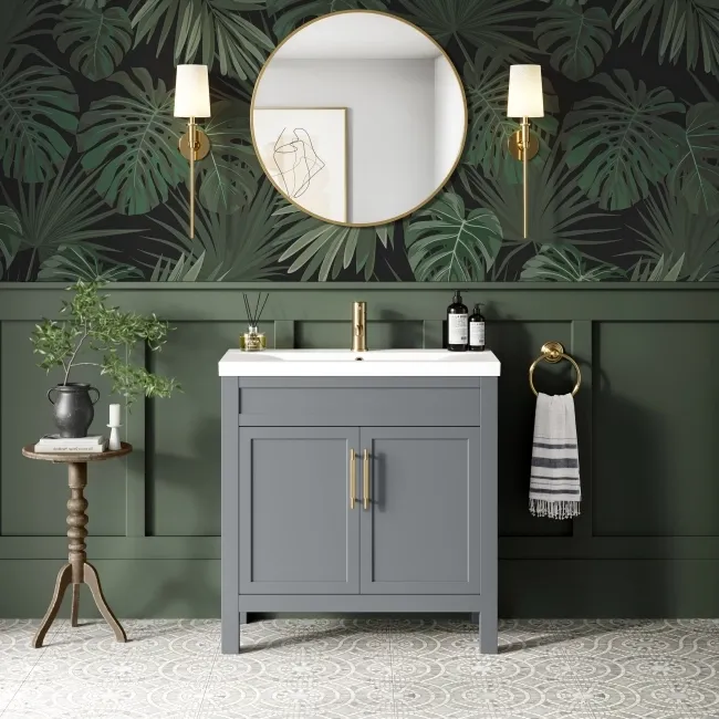 Bermuda Dove Grey Basin Vanity 800mm - Brass Knurled Handles