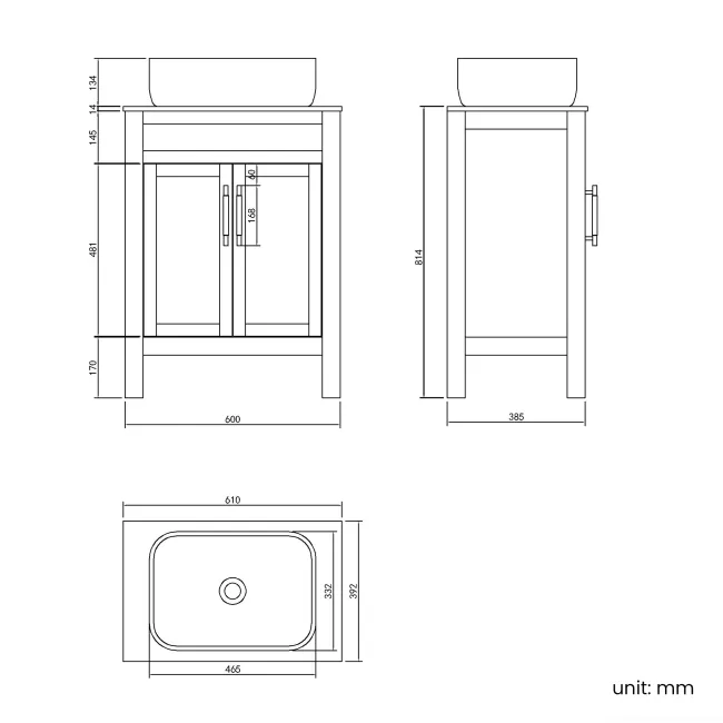 Bermuda Dove Grey Vanity with Marble Top & Curved Counter Top Basin 600mm - Brass Knurled Handles