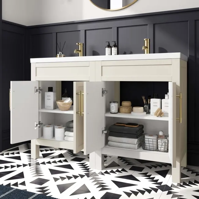 Bermuda Chalk White Double Basin Vanity 1200mm - Brass Knurled Handles