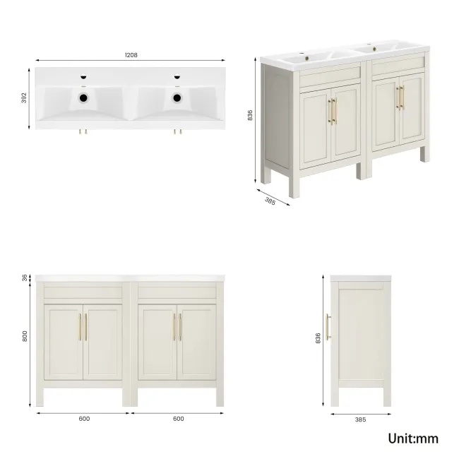 Bermuda Chalk White Double Basin Vanity 1200mm - Brass Knurled Handles