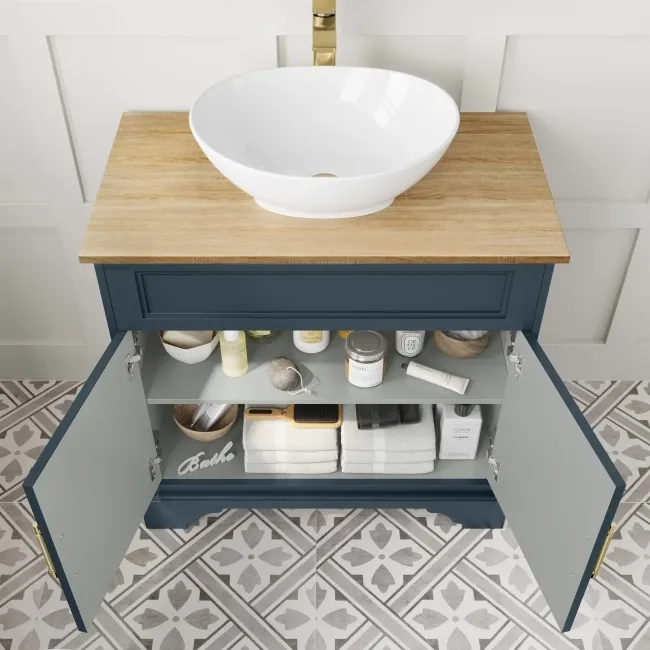 Lucia Inky Blue Vanity with Oak Effect Top & Oval Counter Top Basin 840mm - Brass Knurled Handles