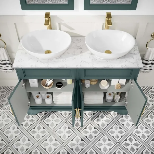 Lucia Midnight Green Double Vanity with Marble Top & Oval Counter Top Basin 1200mm - Brass Knurled Handles