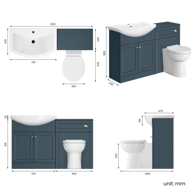 Capri Navy Blue Combination Vanity Basin and Austin Toilet 1350mm - Chrome Handles