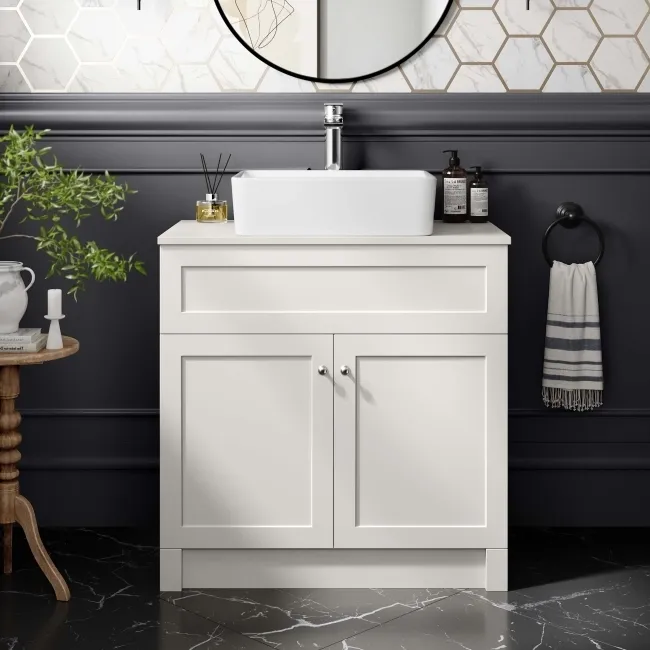 Milos Cotton White Vanity with Troy Basin 800mm - Brushed Handles
