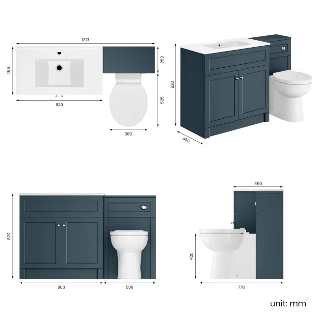 Milos Navy Blue Combination Vanity Basin and Austin Toilet 1300mm - Chrome Handles
