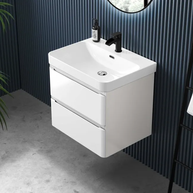 Corsica Gloss White Wall Hung Basin Drawer Vanity 600mm