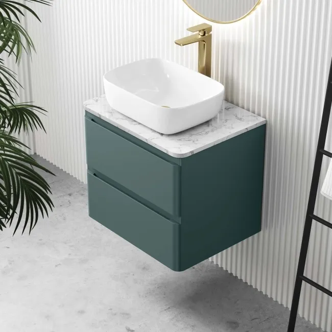 Corsica Midnight Green Wall Hung Drawer Vanity with Marble Top & Curved Counter Top Basin 600mm