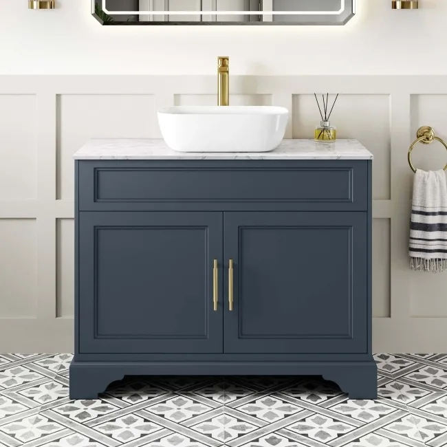 Lucia Inky Blue Vanity with Marble Top & Curved Counter Top Basin 1030mm - Brass Knurled Handles