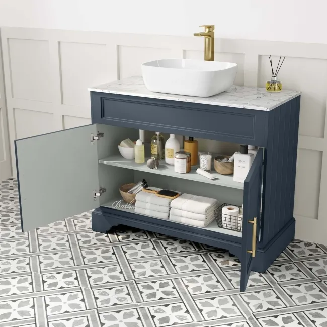 Lucia Inky Blue Vanity with Marble Top & Curved Counter Top Basin 1030mm - Brass Knurled Handles