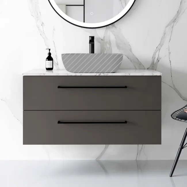 Elba Graphite Grey Wall Hung Drawer Vanity 1000mm Excludes Counter Top Basin - Black Accents
