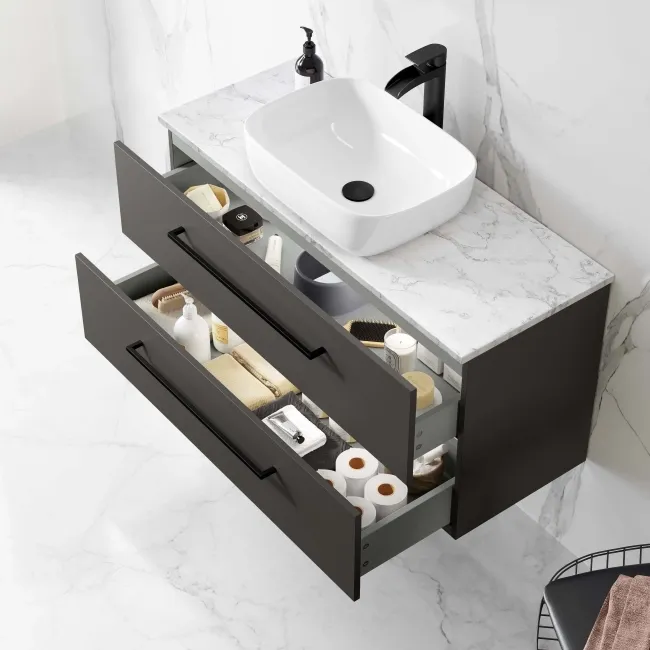 Elba Graphite Grey Wall Hung Drawer Vanity with Marble Top & Curved Counter Top Basin 1000mm - Black Accents