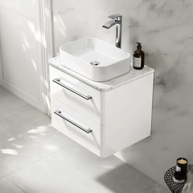 Omaha Gloss White Wall Hung Drawer Vanity with Marble Top & Marin Basin 600mm