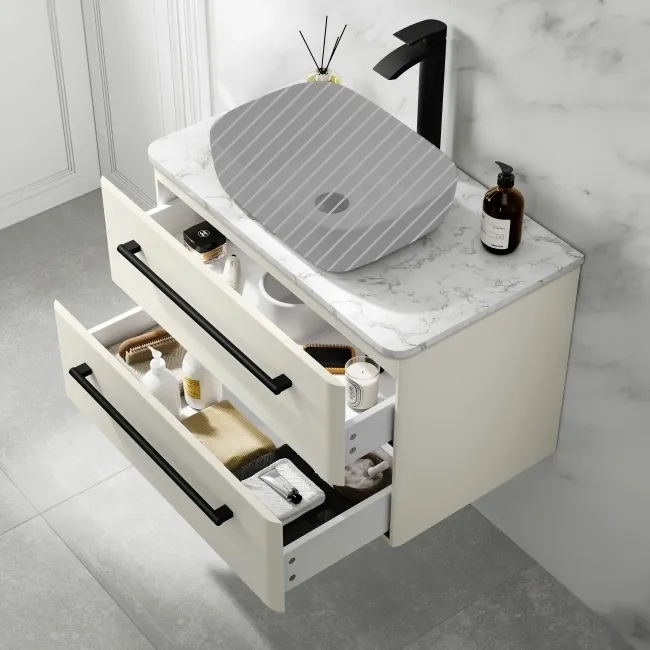 Omaha Linen White Wall Hung Drawer Vanity with Marble Top 800mm (Excludes Counter Top Basin) - Black Accents