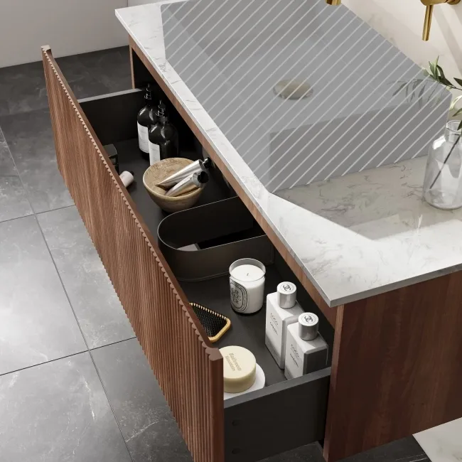 Malta Fluted Black Walnut Wall Hung Drawer Vanity with Marble Top 1000mm - Excludes Counter Top Basin
