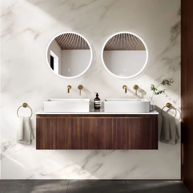 Malta Fluted Black Walnut Double Wall Hung Drawer Vanity with Marble Top & Cody Basin 1200mm