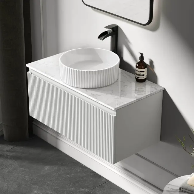 Malta Fluted Coastal White Wall Hung Drawer Vanity with Marble Top & Nevis Basin 800mm