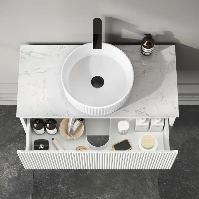 Malta Fluted Coastal White Wall Hung Drawer Vanity with Marble Top & Nevis Basin 800mm