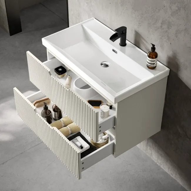 Crete Fluted Linen White Wall Hung Basin Drawer Vanity 800mm