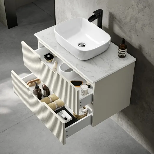 Crete Fluted Linen White Wall Hung Drawer Vanity with Marble Top & Curved Basin 800mm