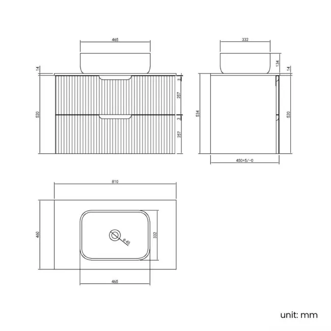 Crete Fluted Linen White Wall Hung Drawer Vanity with Marble Top & Curved Basin 800mm