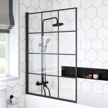 Zurich Easy Clean Matt Black Grid Bath Screen - 1000mm