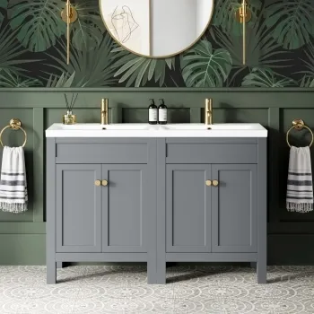 Bermuda Dove Grey Double Basin Vanity 1200mm - Brushed Brass Accents