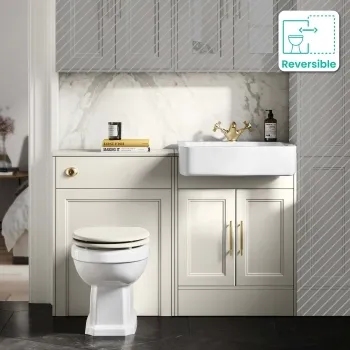 Monaco Chalk White Combination Vanity Basin and Hudson Toilet with Wooden Seat 1200mm - Brass Knurled Handles