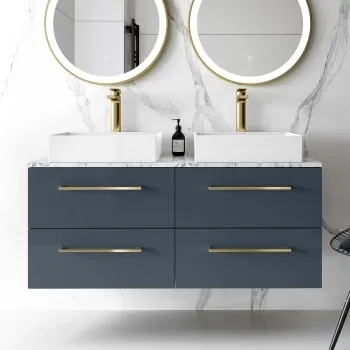 Elba Inky Blue Double Wall Hung Drawer Vanity with Marble Top & Cody Basin 1200mm - Brushed Brass Accents