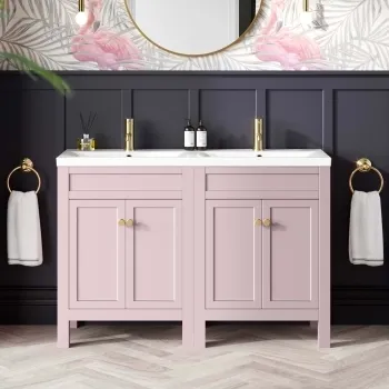 Bermuda Cashmere Pink Double Basin Vanity 1200mm - Brushed Brass Accents