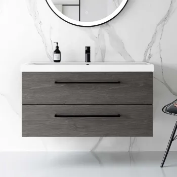 Elba Charcoal Elm Wall Hung Basin Drawer Vanity 1000mm - Black Accents