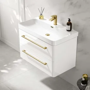 Omaha Gloss White Wall Hung Basin Drawer Vanity 800mm - Brushed Brass Accents