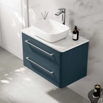 Omaha Navy Blue Wall Hung Drawer Vanity with Marble Top & Curved Counter Top Basin 800mm
