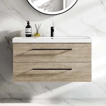 Elba Dawn Oak Wall Hung Basin Drawer Vanity 1000mm - Black Accents