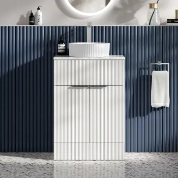 Havana Fluted Coastal White Cabinet with Marble Top & Nevis Basin 600mm - Chrome Handles