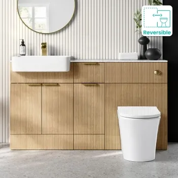 Sicily Fluted Country Oak Combination Vanity Basin with Marble Top & Tucson Toilet 1500mm - Brushed Brass Accents