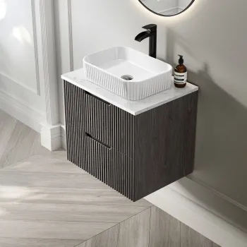 Crete Fluted Charcoal Elm Wall Hung Drawer Vanity with Marble Top & Reno Basin 600mm