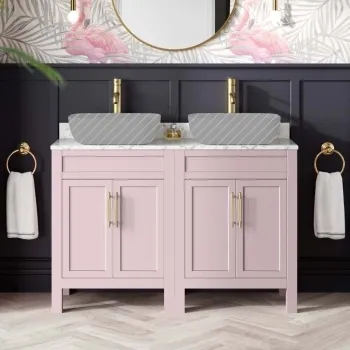 Bermuda Cashmere Pink Cabinet with Marble Top 1200mm (Excludes Counter Top Basin) - Brass Knurled Handles