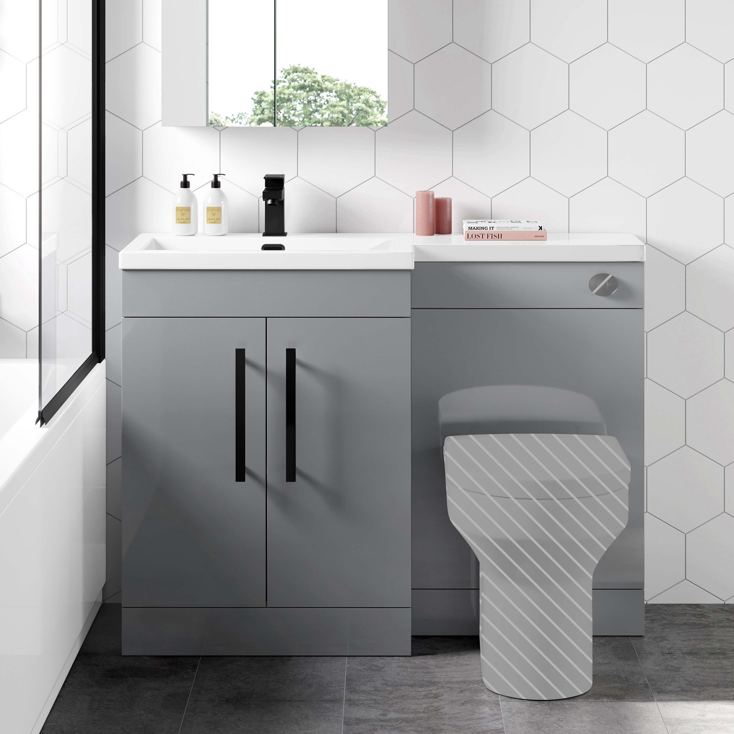 Avon Stone Grey Basin Vanity and Back To Wall Unit 1100mm - Black Accents - Left Handed