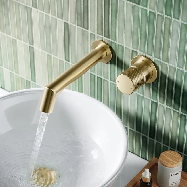 Ennis Brushed Brass Wall Mounted Basin Mixer Tap with Knurled Detailing