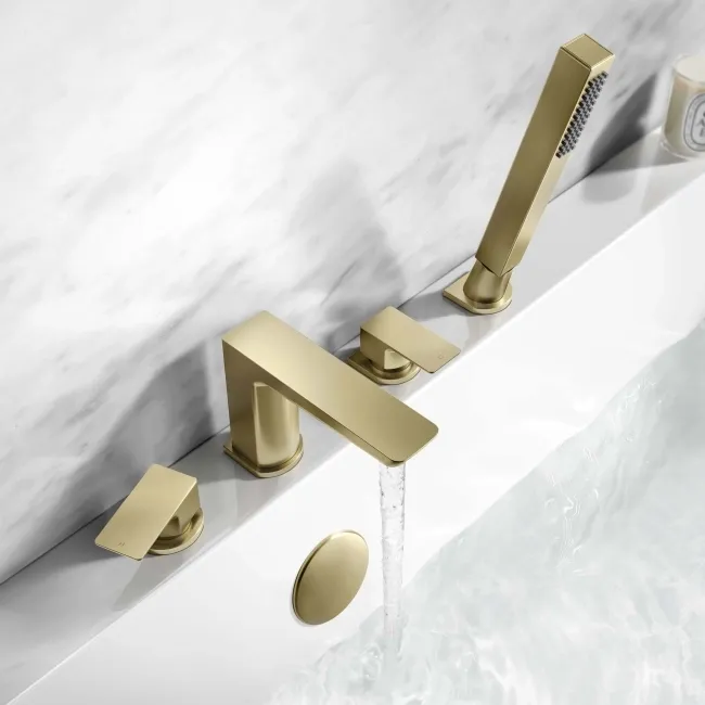 Ribble Brushed Brass Deck Mounted 4TH Bath Shower Mixer Tap & Handheld Shower