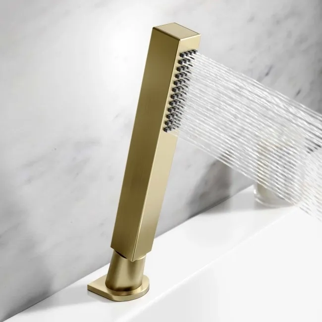 Ribble Brushed Brass Deck Mounted 4TH Bath Shower Mixer Tap & Handheld Shower