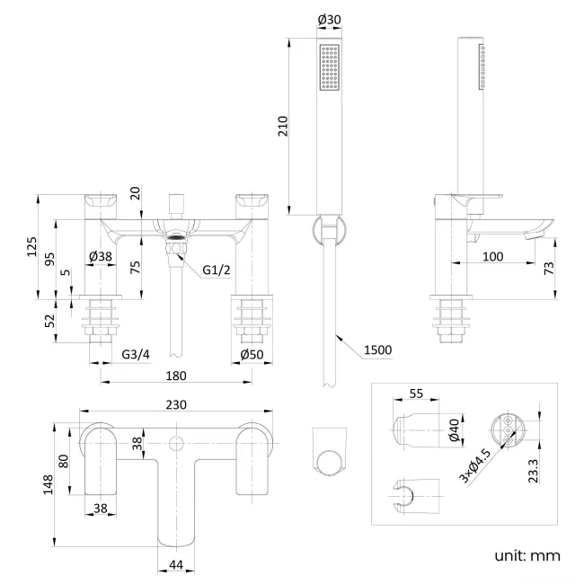 Lusk Brushed Brass Bath Filler & Handheld Shower