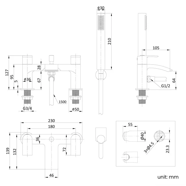 Spey Brushed Brass Bath Filler & Handheld Shower