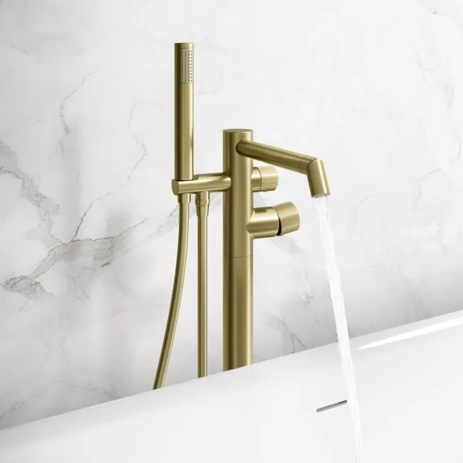 Ennis Brushed Brass Freestanding Bath Shower Mixer Tap with Knurled Detailing