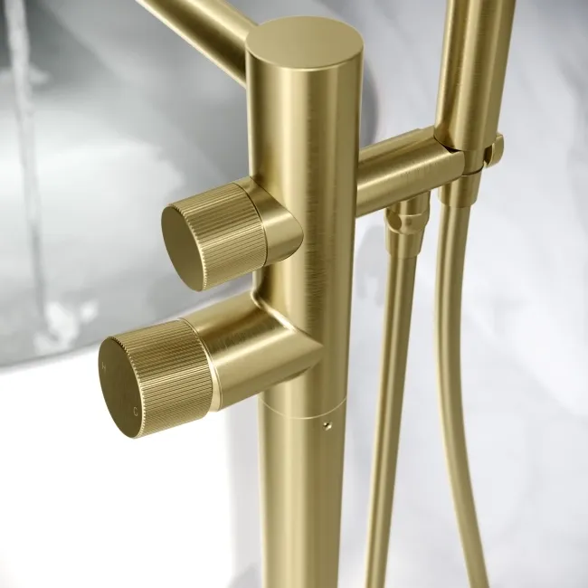 Ennis Brushed Brass Freestanding Bath Shower Mixer Tap with Knurled Detailing