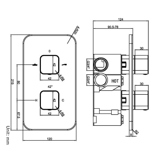 Galway Premium Chrome Square Thermostatic Shower Valve - 2 Outlets